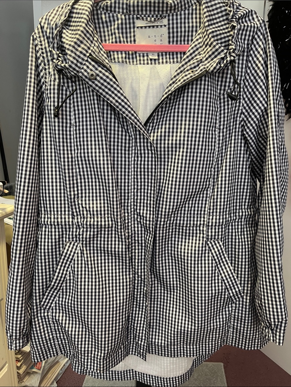 A New Day black / white checkered hooded water resistant windbreaker - XL
